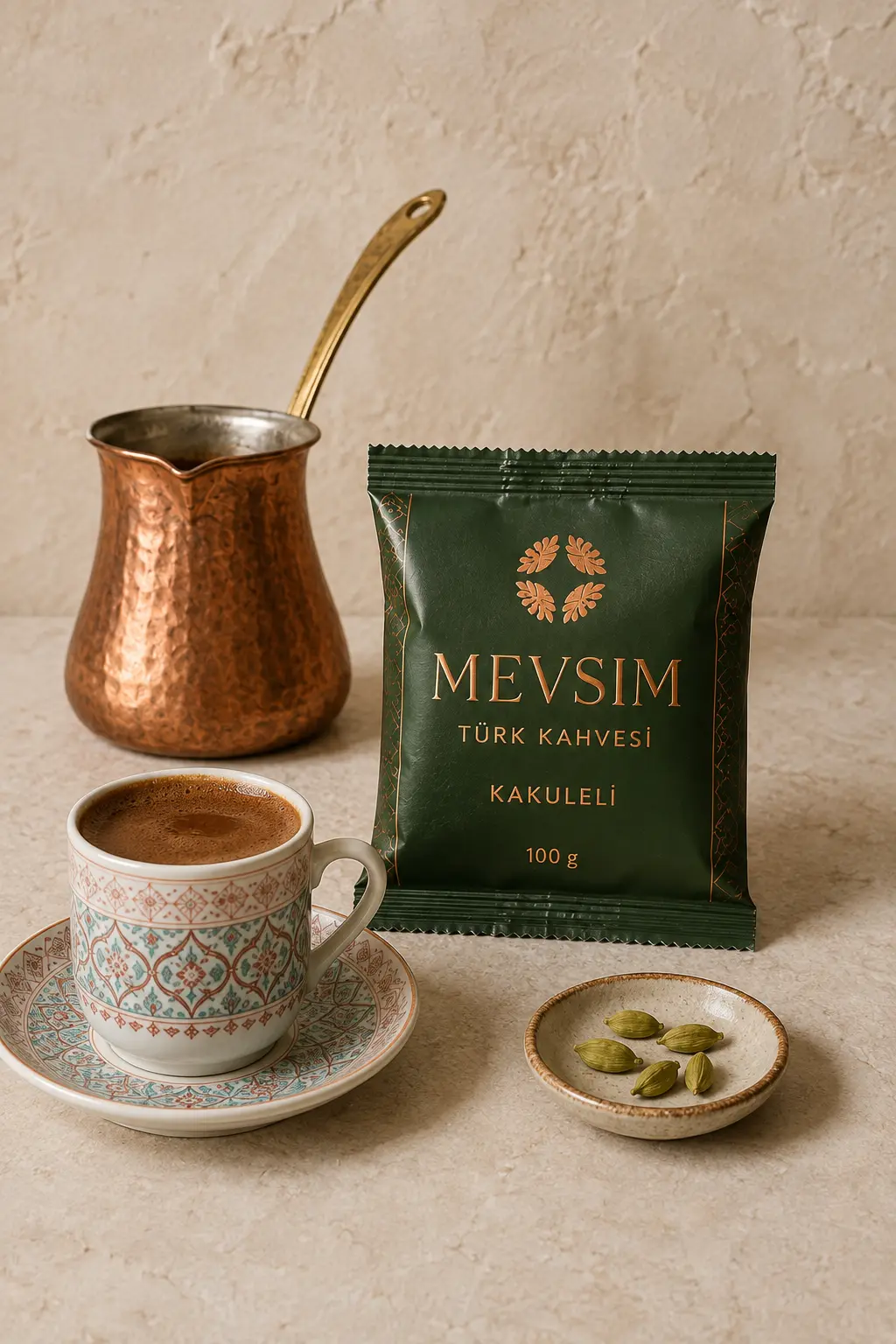 Emballage vert MEVSIM Kakuleli café turc à la cardamome 100 grammes