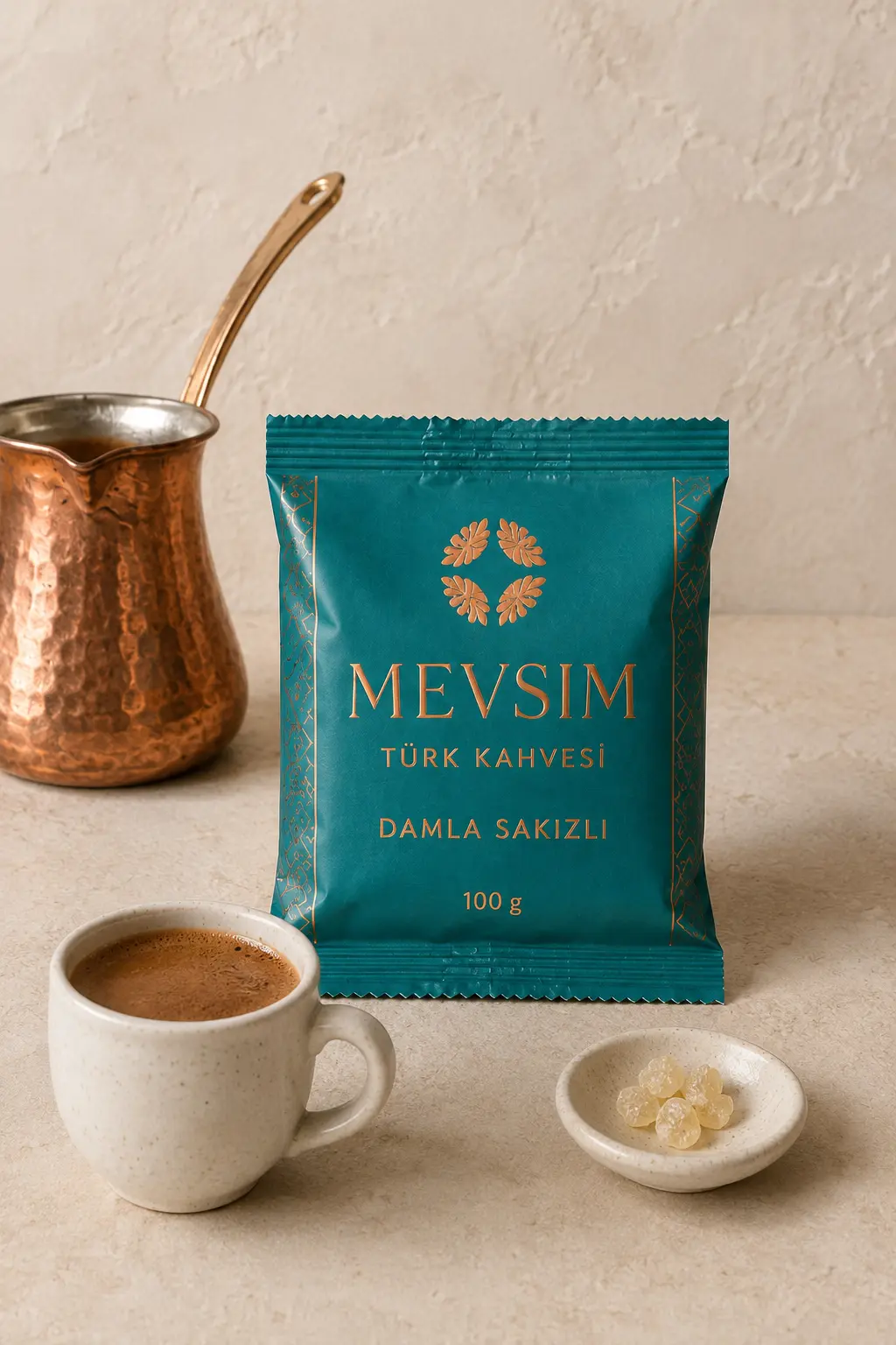 Emballage turquoise MEVSIM Damla Sakızlı café turc au mastic 100 grammes