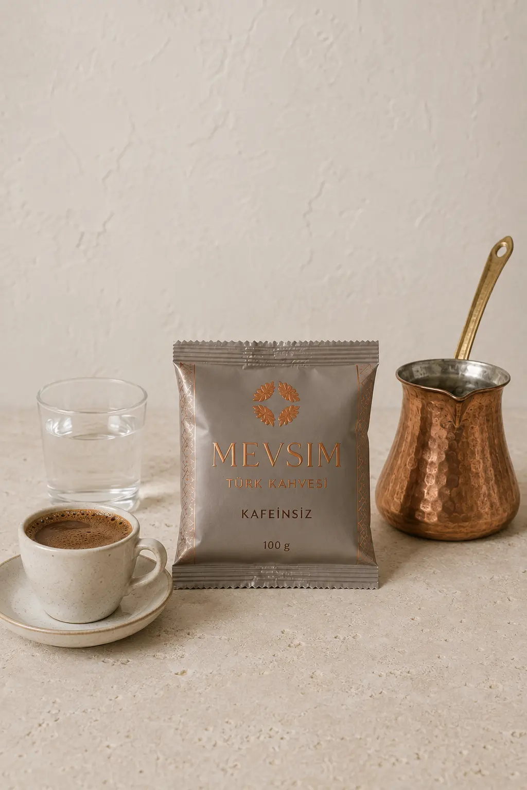 Emballage gris clair MEVSIM Kafeinsiz café turc décaféiné 100 grammes