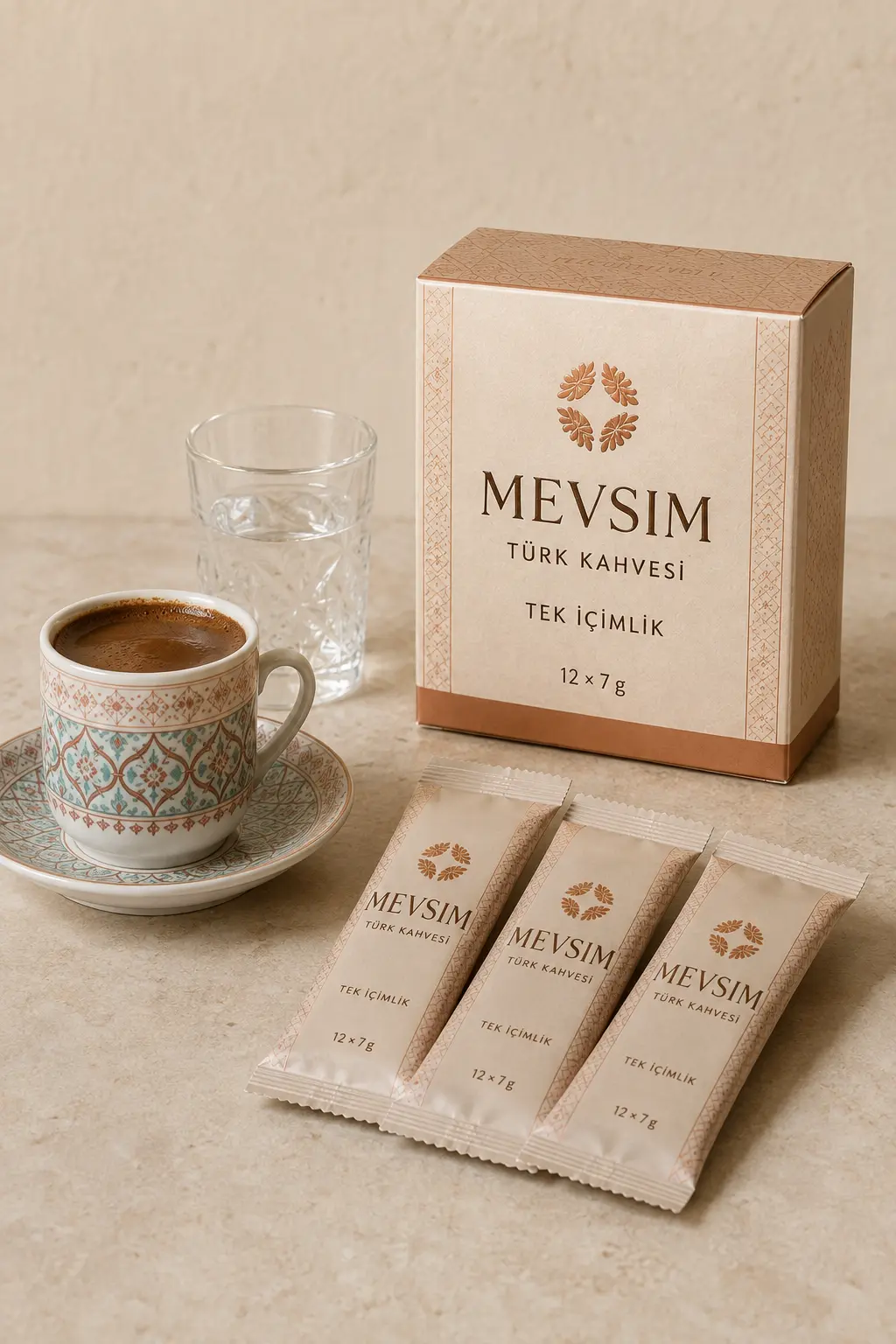 Boîte crème MEVSIM Tek İçimlik avec douze portions de café turc