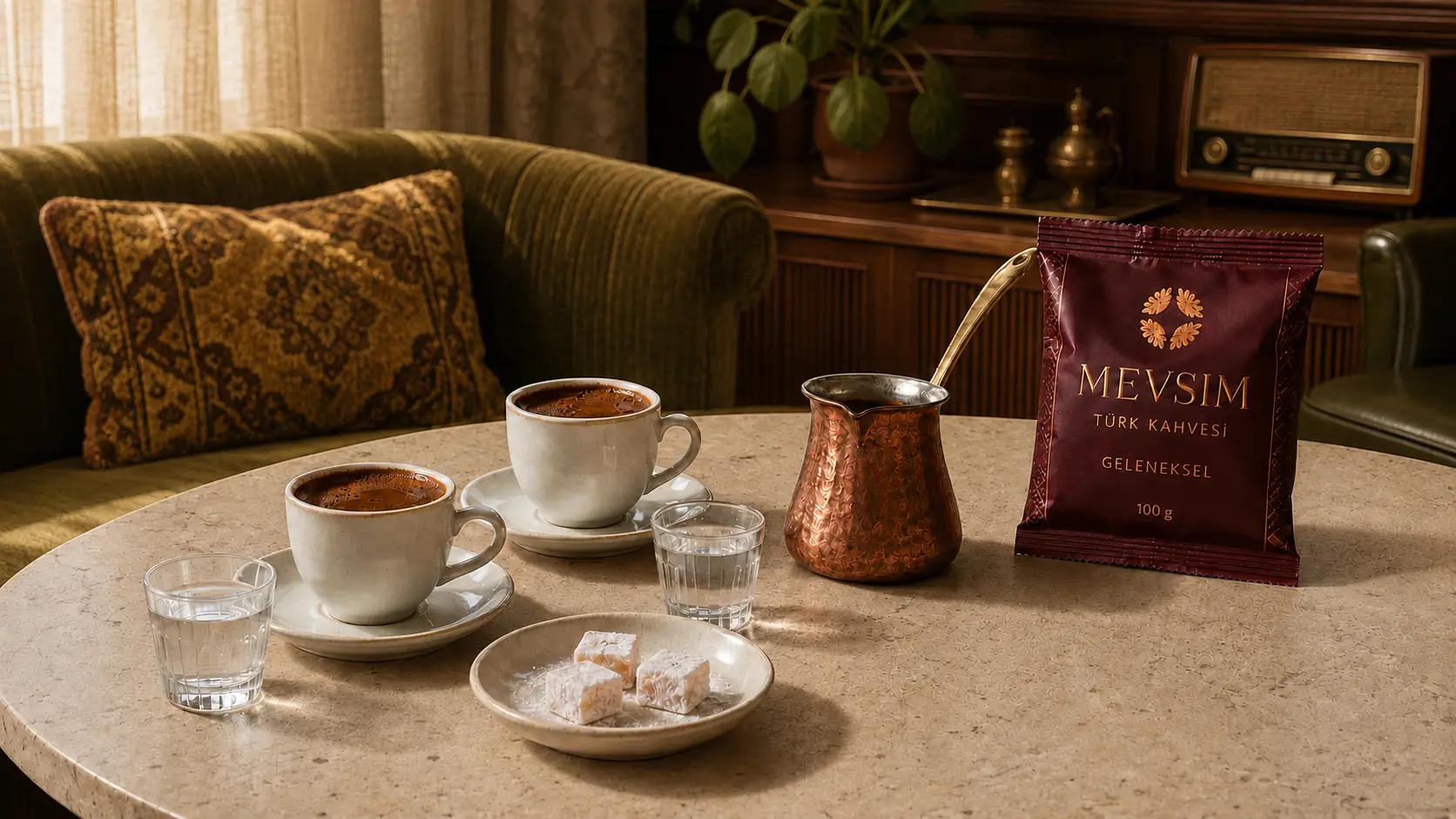 Deux cafés turcs, des loukoums, de l’eau, un cezve en cuivre et du café MEVSIM dans un intérieur rétro
